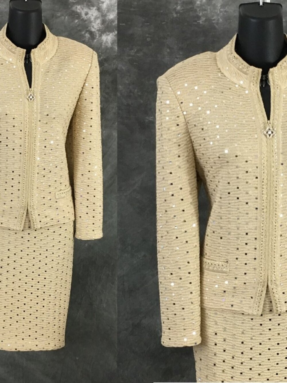 BEAUTIFUL St John evening knit gold shimmer rhinestones embellished skirt suit 8 - Picture 2 of 10